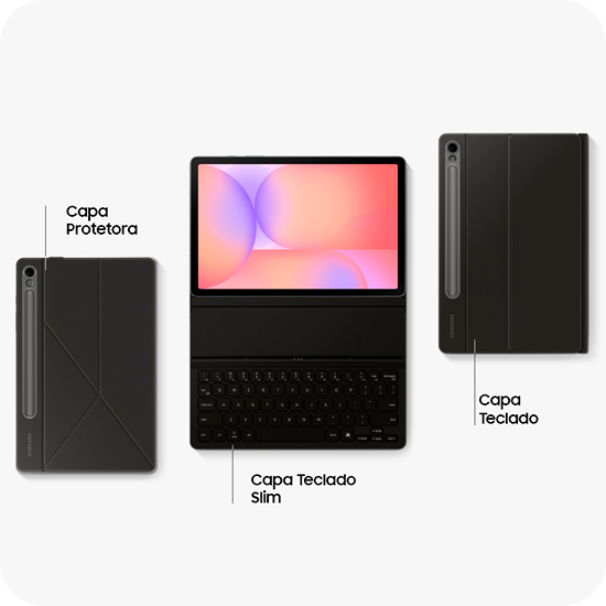 Combine facilmente com acessórios Galaxy - 
Vista plana do Galaxy Tab S10 Lite emparelhado com a Smart Book Cover com um compartimento para a S Pen na lateral, ao lado de um com a Book Cover Keyboard Slim acoplada e o protetor de tela antirreflexo aplicado. À direita, outro dispositivo é mostrado com a Book Cover Keyboard e um compartimento da S Pen visível, destacando a compatibilidade de acessórios e as opções de proteção.